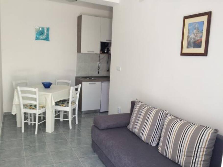 kitchen, dinning room and living room with sofa bed for two people