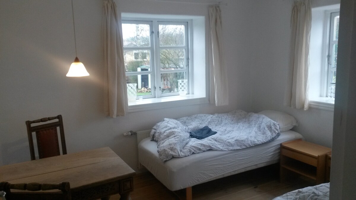 Ground floor bedroom. Two beds, boxer mattresses and a table as well as a bedside table. The beds can be put together so they serve as a double bed.