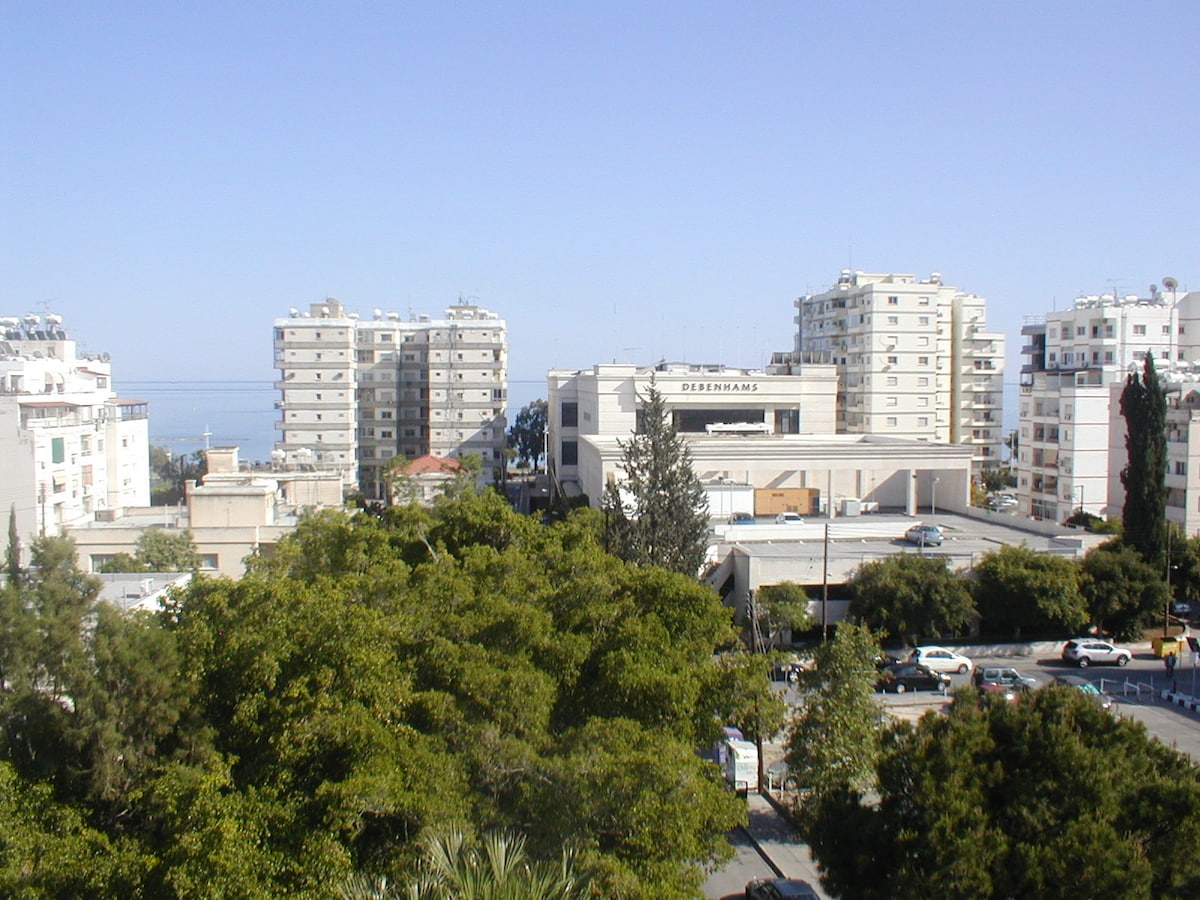 A view from the apartment reveals a mix of residential buildings and commercial structures, with the seafront visible in the distance. Lush green trees frame the foreground, providing a natural contrast against the urban setting.