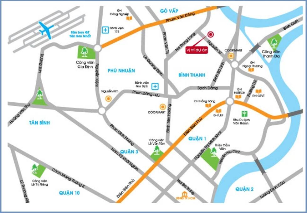 The red point is the location of the building. From Tan Son Nhat Airport, you can go by taxi. It will take about 15 minutes