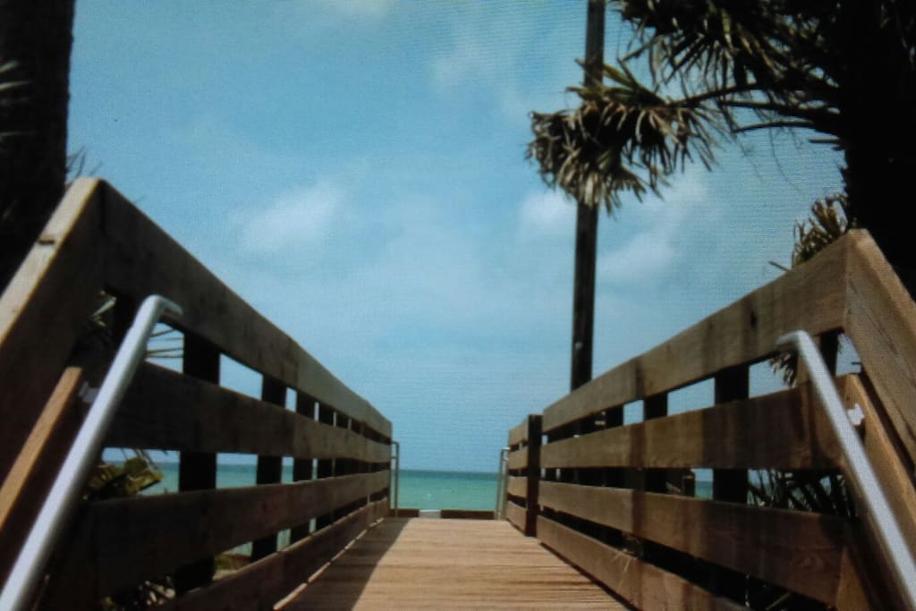 Boardwalk from ferry to beach.
