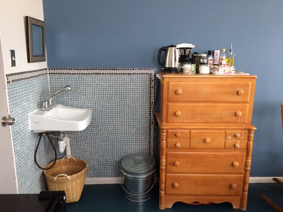 There is a convenient sink and separate restroom for guests only, and plenty of bookshelf and dresser space for organizing your things.