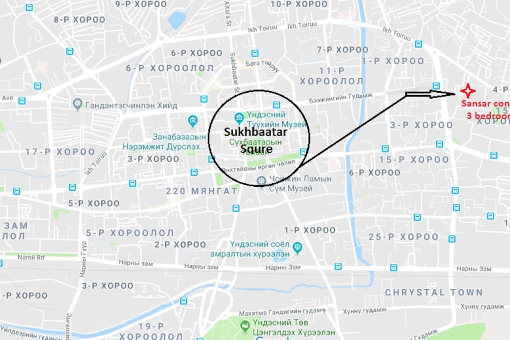 Location of the property in relation to
UB downtown- Sukhbaatar Square (point zero UB)