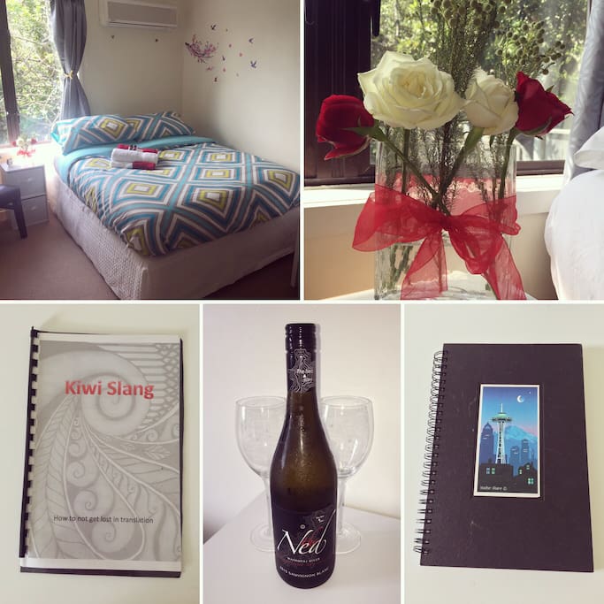 Photo collage of the room prepared for our first Airbnb guest.