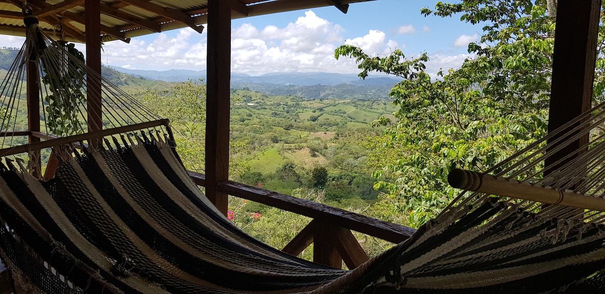 A shaded porch features hanging hammocks that invite relaxation, with views of rolling green hills and distant mountains. The sky appears bright with scattered clouds, and lush trees frame the serene landscape, providing a peaceful atmosphere for enjoying nature.