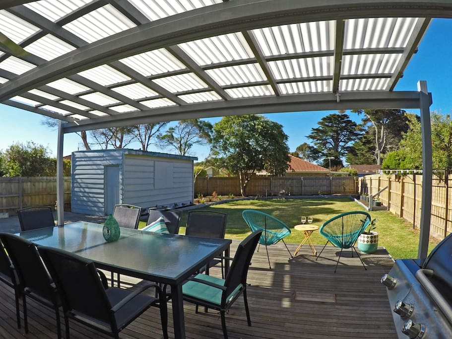 Rear deck with outdoor setting, BBQ, ceiling fan and prep sink/bench