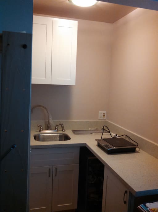 Private newer mini-cooktop but full-size refrigerator.