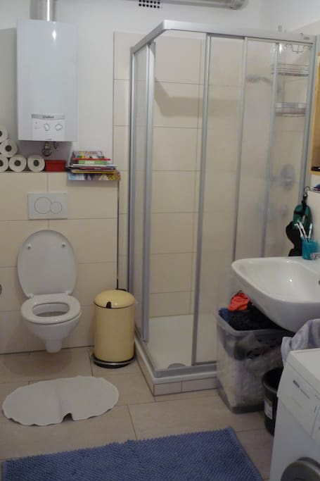 Bathroom with shower and washing machine