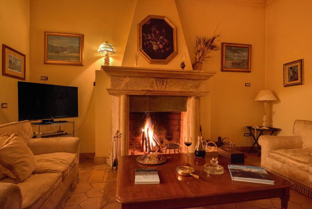 The living room with fireplace