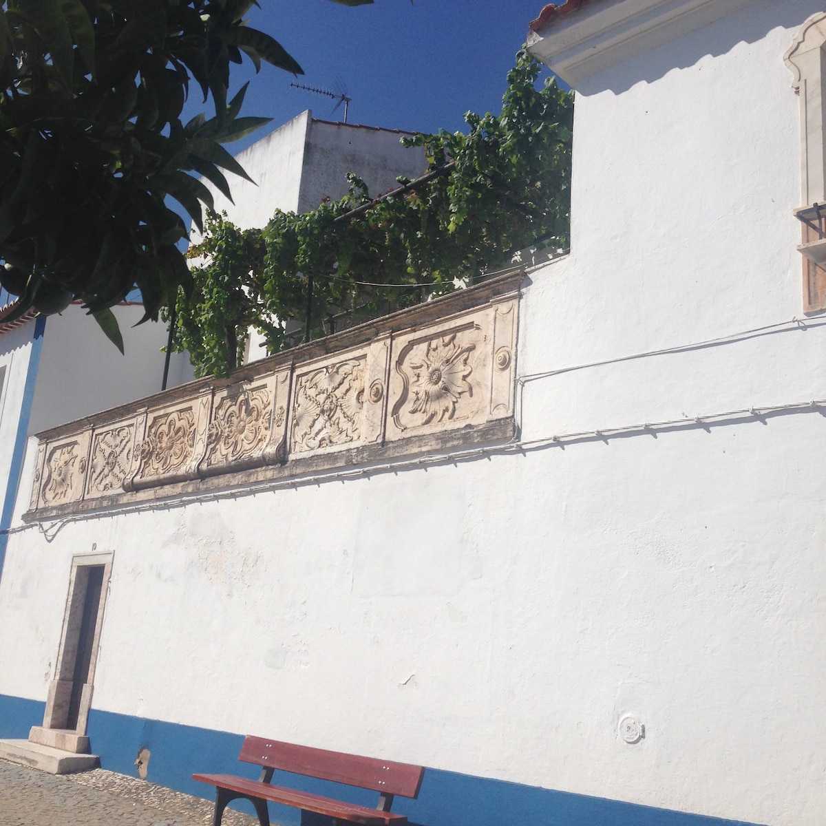 The image showcases a whitewashed building with an ornate stone balcony adorned with carvings. A wooden bench is positioned in front, and a canopy of lush green vines provides shade above. A bright blue band runs along the base, enhancing the architectural design.