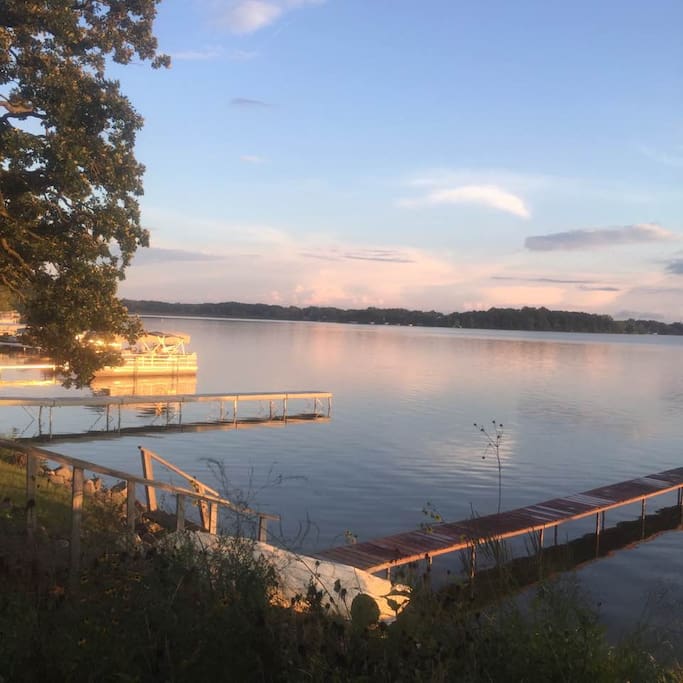 View of lake at sunset, from shared pier