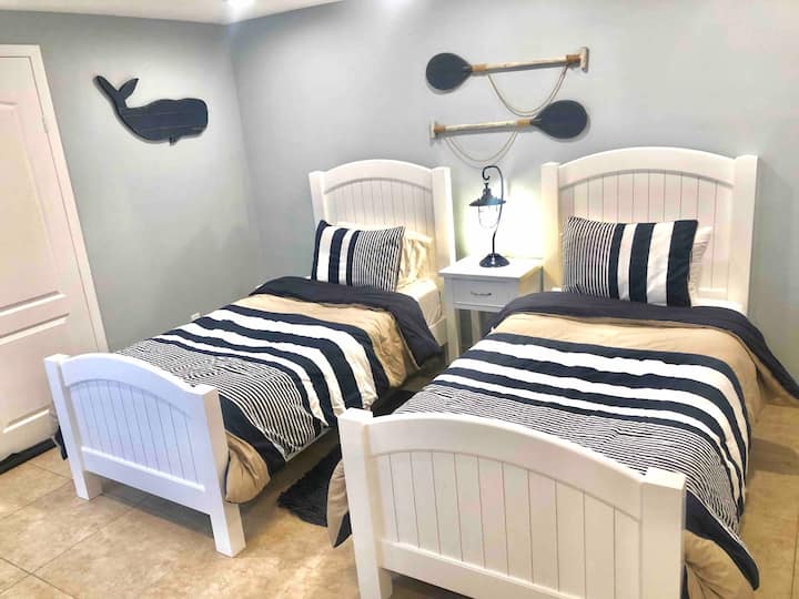 Bedroom #3 With Extra Comfortable Twin Beds and Nautical Decor