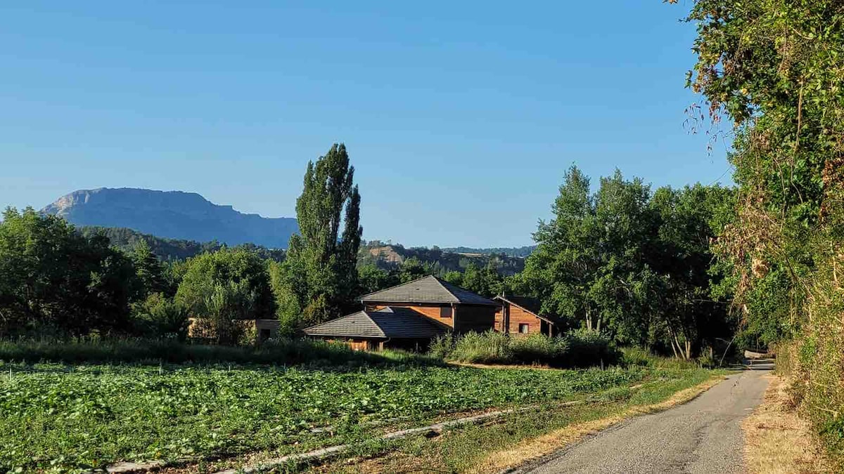 A rural landscape features a gravel road leading toward a modest structure with a sloped roof, surrounded by greenery. Vibrant fields are visible in the foreground, while a mountain range rises in the background under a clear blue sky.