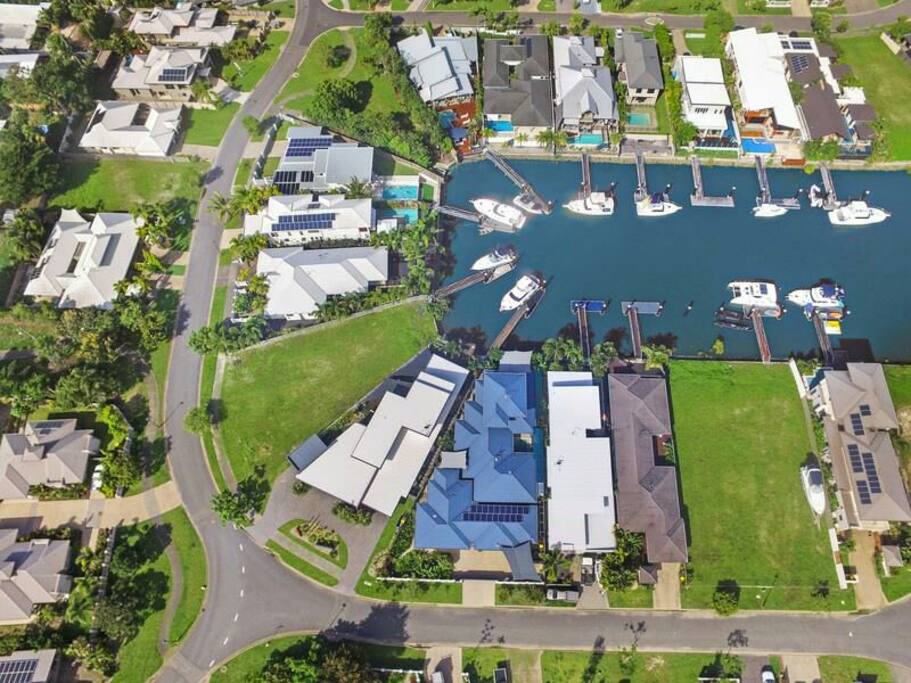 Arial view of our home with the canal