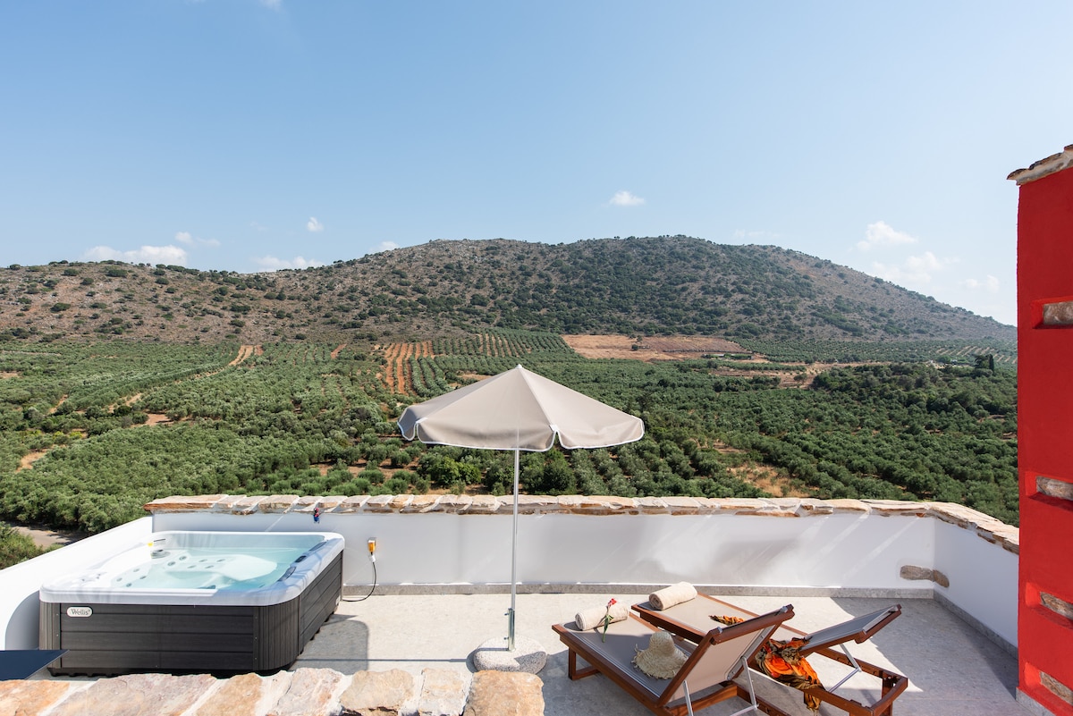 A sun terrace features a hot tub and a sun lounger under a large umbrella. Panoramic views of olive groves and rolling hills are displayed in the background under a clear blue sky, creating a tranquil outdoor setting.