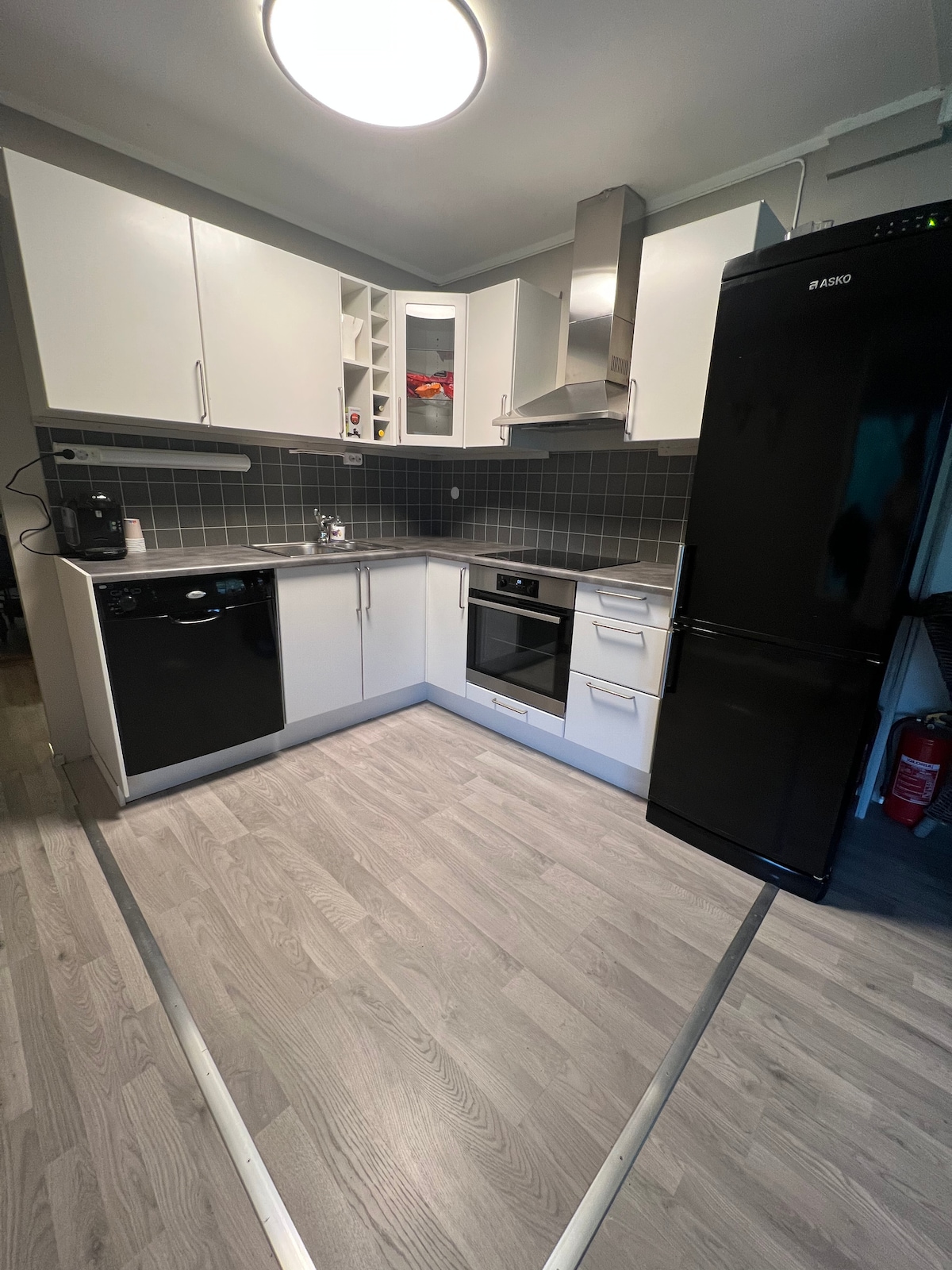 A modern kitchen setup is presented, featuring white cabinetry and sleek dark appliances. A black refrigerator stands beside an oven and electric cooktop. A dishwasher is located under the counter. A light fixture is mounted on the ceiling, illuminating the space with a soft glow.
