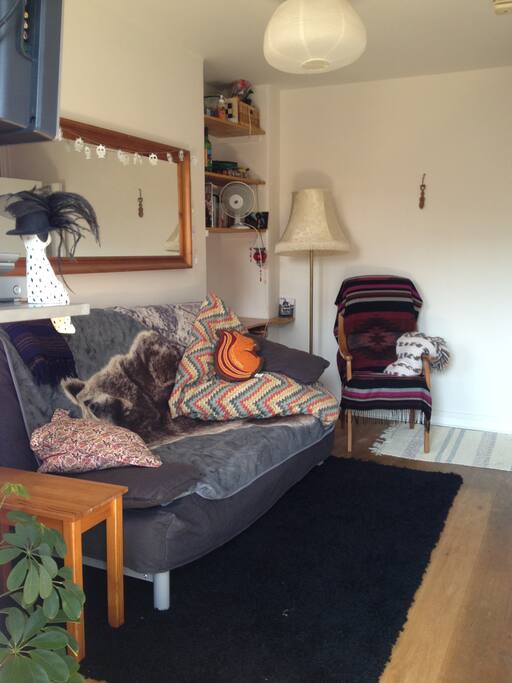Cosy living room with desk space in corner, library which you can help yourself too and some games