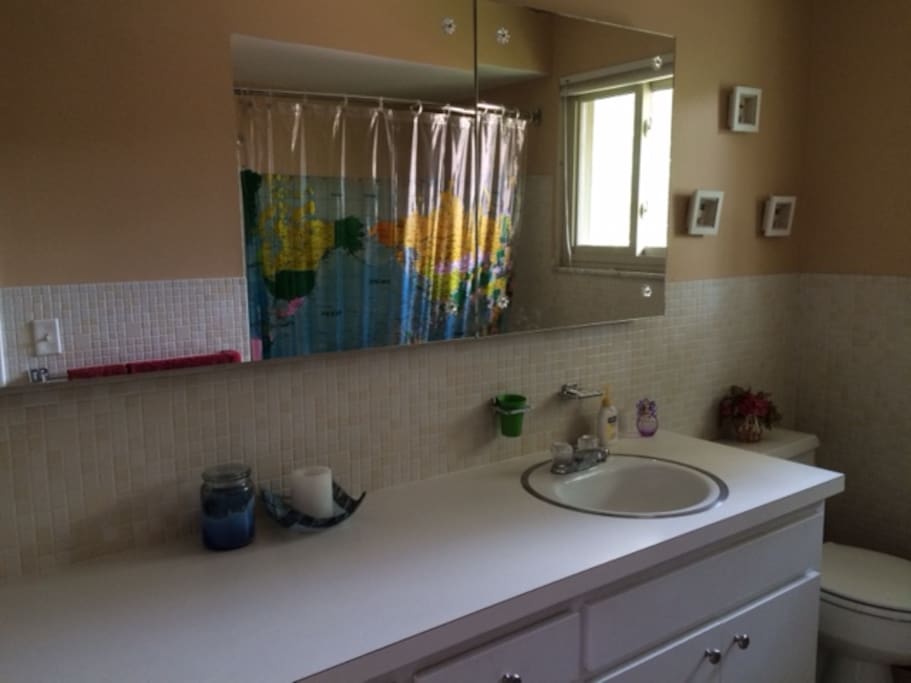 2 sink bathroom. Full size tub with a shower is visible in the mirror