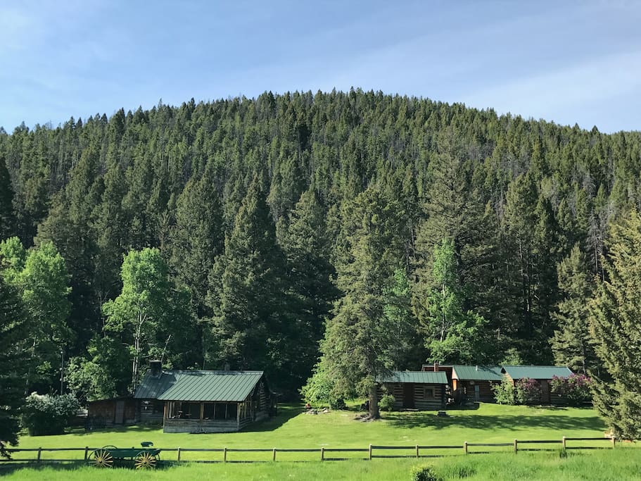 View of Lodge and cabins from meadow