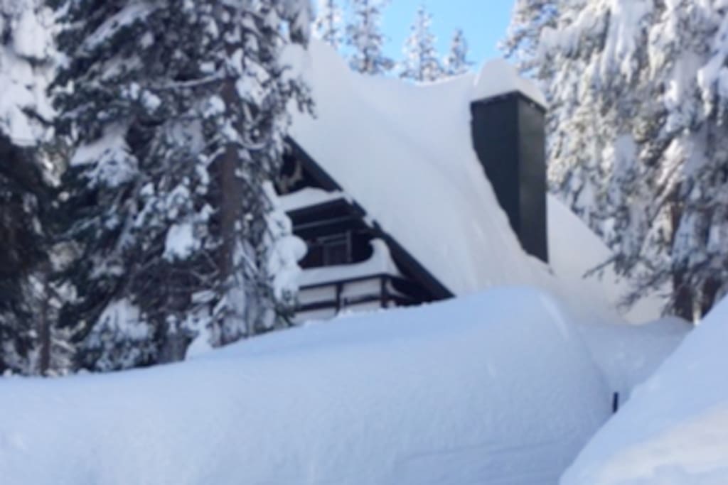 Hyggelig Log Cabin in Serene Lakes, CA part of the Sierra Nevada Mountains near Lake Tahoe. Great Skiing and lake life! Hygge Cabin covered in snow. Daily plow service gets you out quick in the morning.