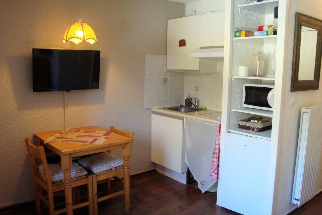 Het studio appartement heeft een kitchenette
