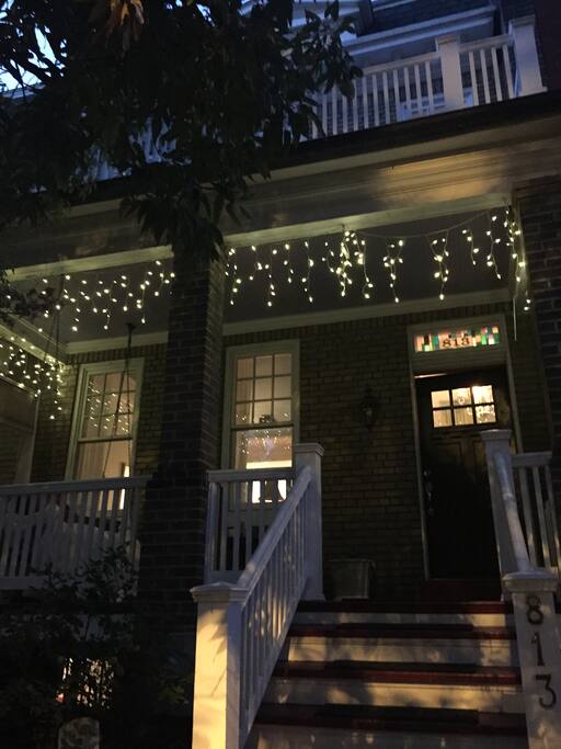 Closer evening view of front porch.