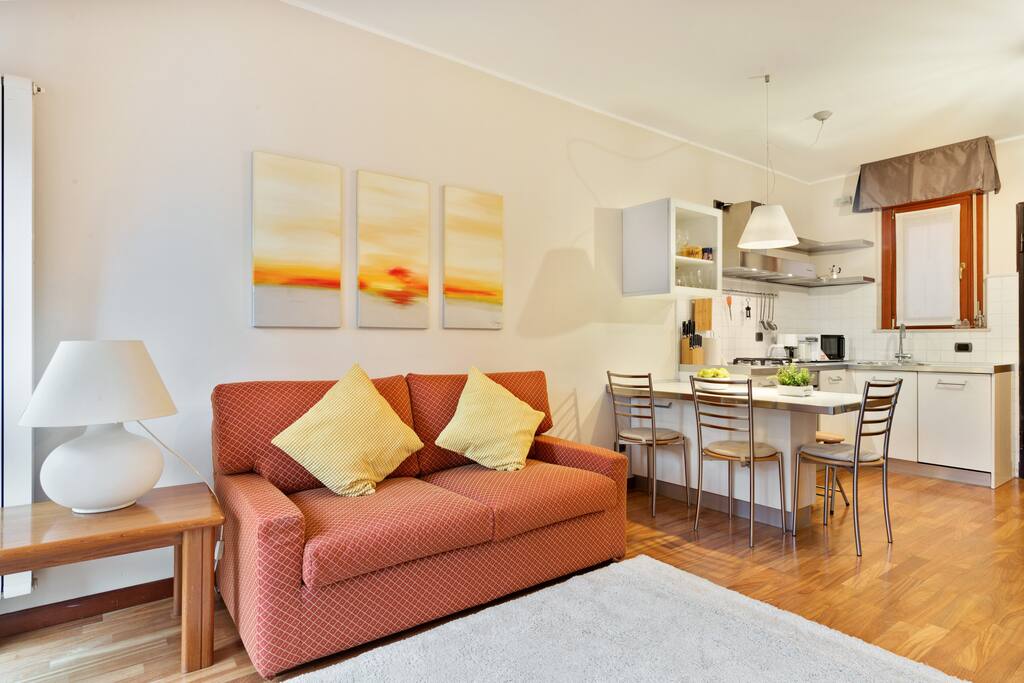 The living room: sofa bed x1, the kitchen & the dining table