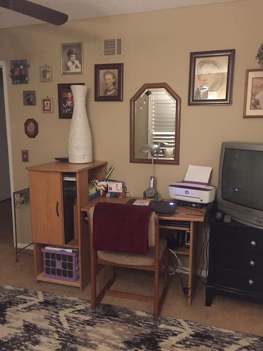 WIFI, printer, desk set up, TV w/DVR, HBO, SHOWTIME and STARS.