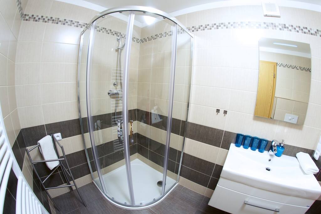 modern washroom with universal electric plug
