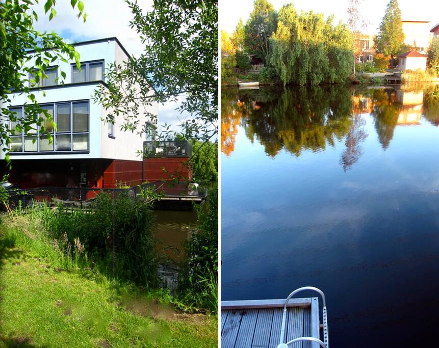 The studio is the brown addition at the right with your own entrance. Our total house at the waterside. *Ons huis (Studio is de bruine uitbouw) aan het water met terrassen rondom en je eigen entree.