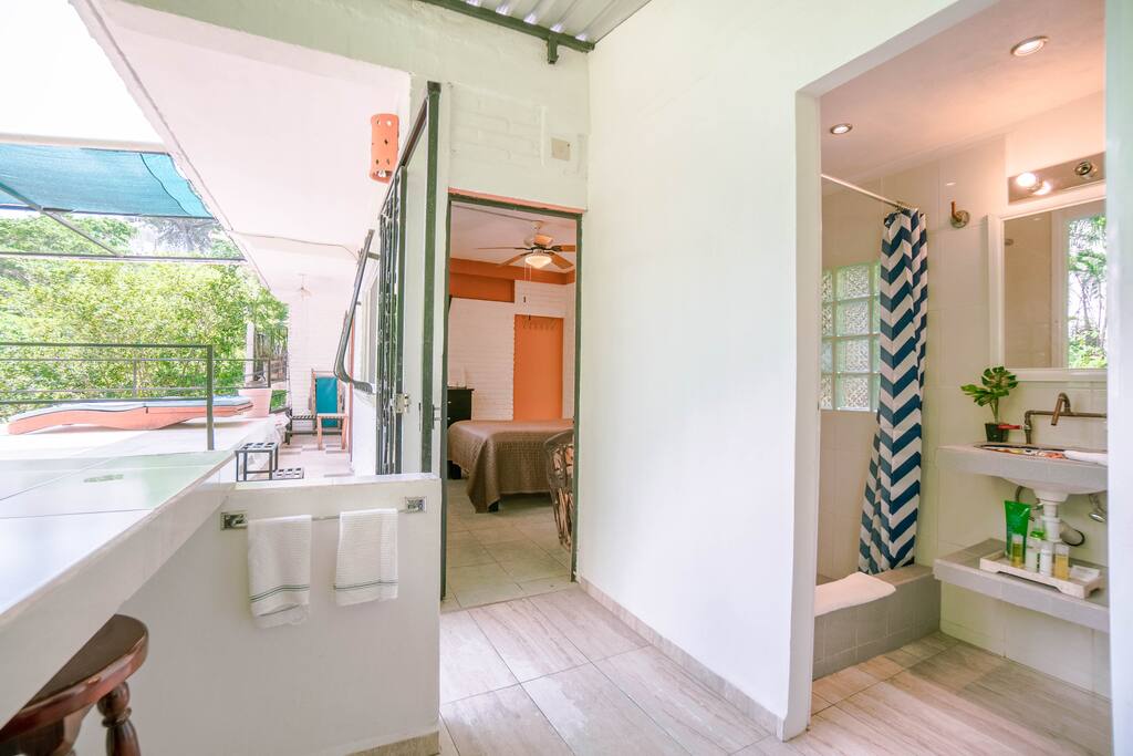 Bathroom, Kitchen and bedroom all on one floor. Kitchen is open air
