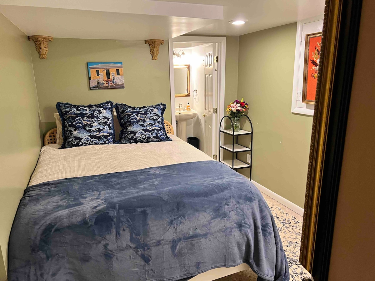 Queen bed with large closet, next to bathroom. This is next to the theater downstairs from the pool. There are plenty of plugs for charging devices.