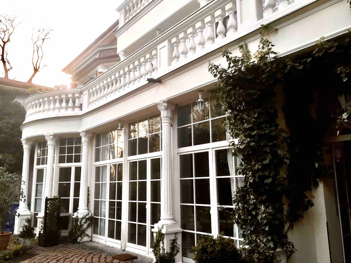 The exterior of a historic building is showcased, featuring elegant columns and large windows that enhance the sense of openness. Lush greenery climbs the walls, complementing the architecture. The intricate balcony railing adds a decorative touch, inviting a connection with the scenic surroundings.