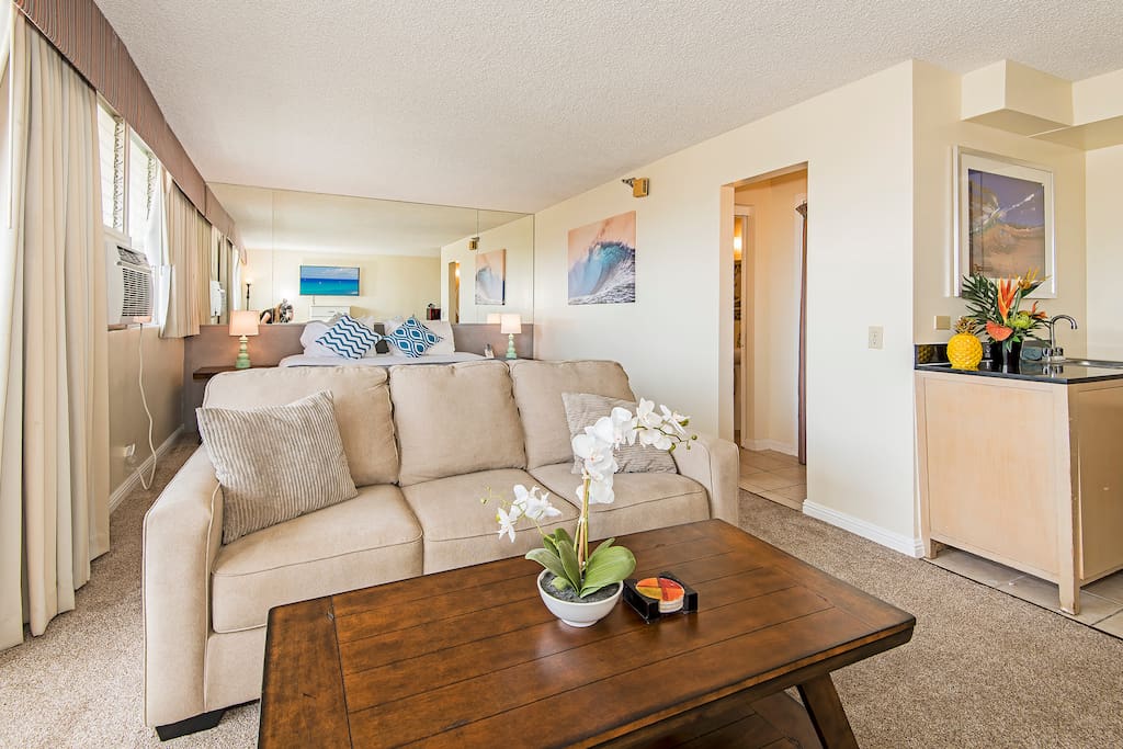Living Room Sofa Pulls Open to Bed for Additional 2 Guests