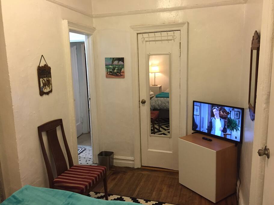 TV, closet, bathroom