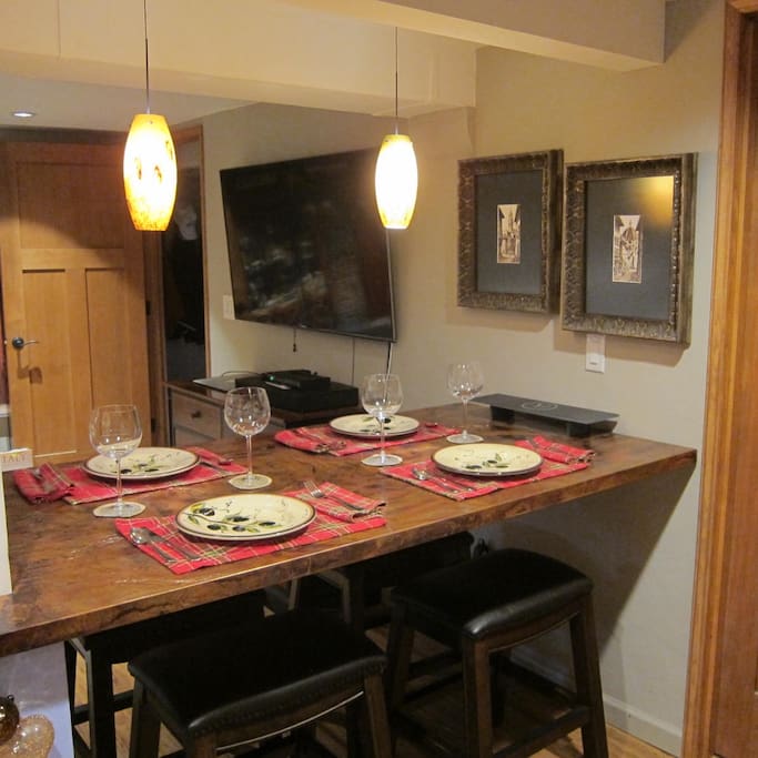 Copper topped dining table.