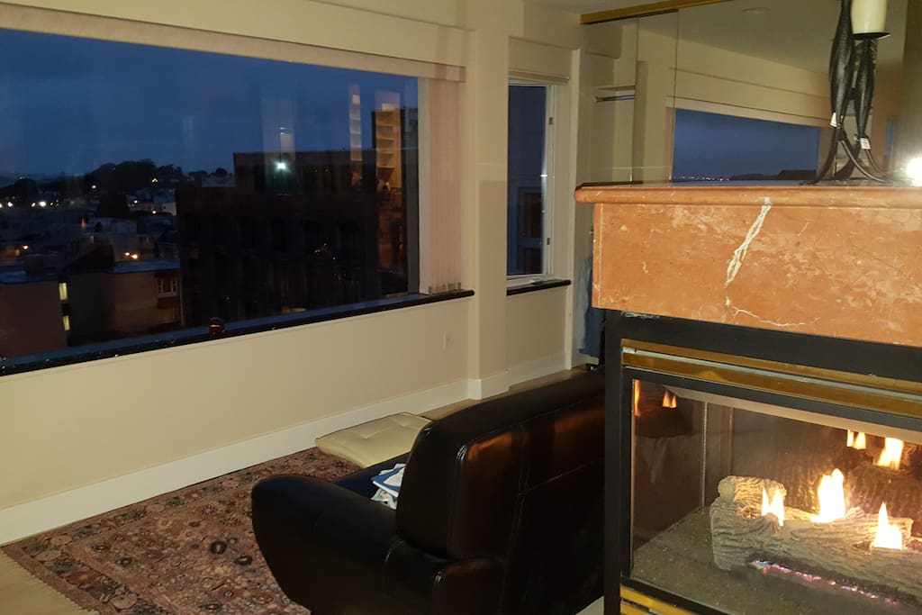 Gas fireplace with panoramic views of Golden Gate Bridge, the city, the Bay and Angel Island