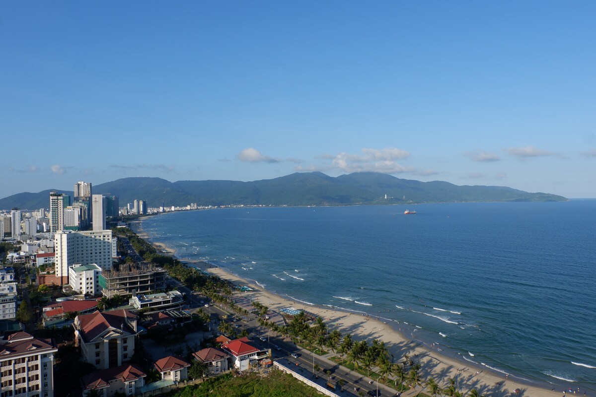 An expansive coastal view showcases a sandy beach bordered by gentle waves. Modern buildings line the shore, while distant mountains loom under a clear blue sky. The scene conveys a serene atmosphere with lush palm trees dotting the coastline.