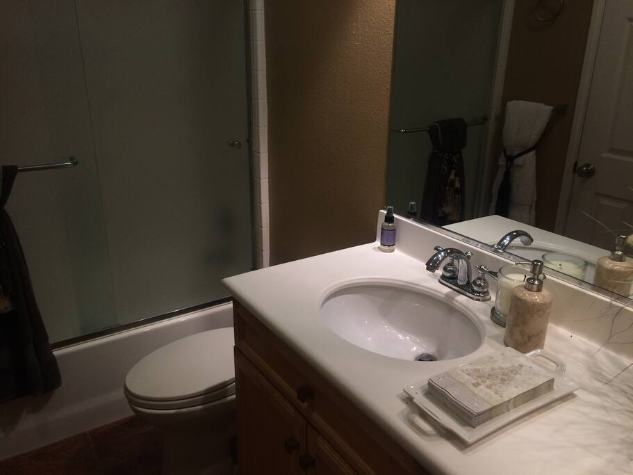 Private full bath with walk in shower. Includes clean fresh towels