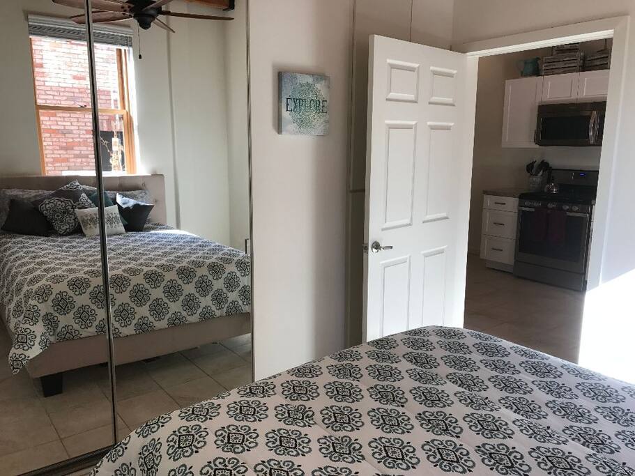 Queen Bed, full closet with mirror and hangers.