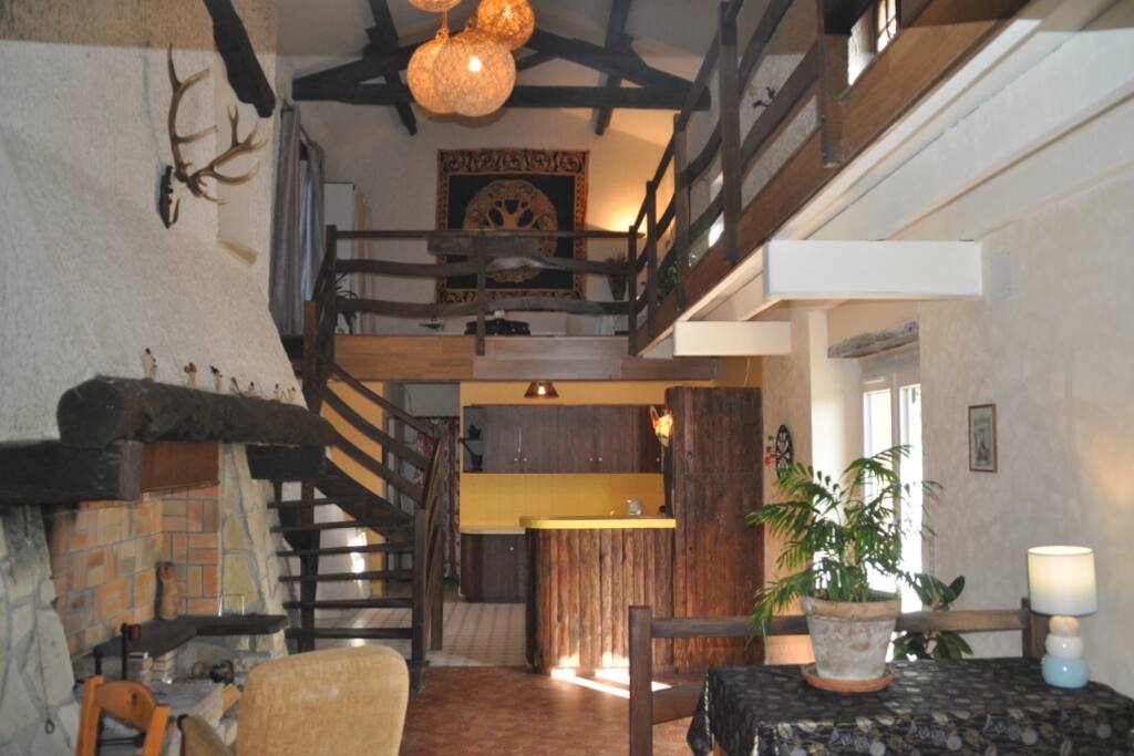 cuisine, cheminée, salon sur mezzanine