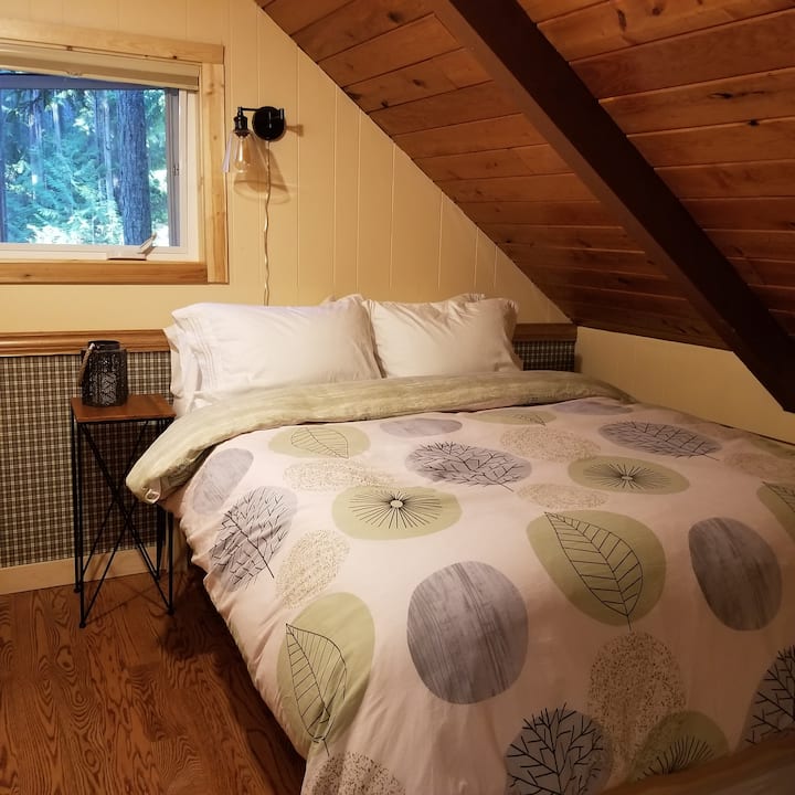 Cozy loft Bedroom #2 with new full size mattress, newly built closet with shelves, hangers and clothes hook.  