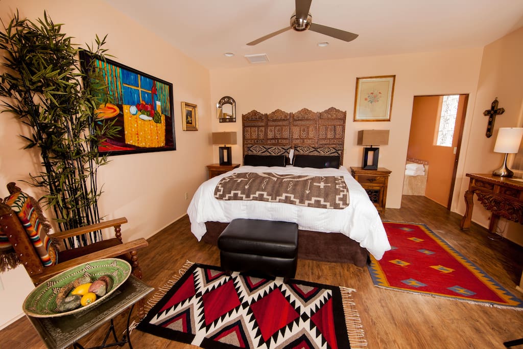 The master bedroom has a king bed, HDTV, IPod dock, spacious closet, and beautiful red rock views through the living room.