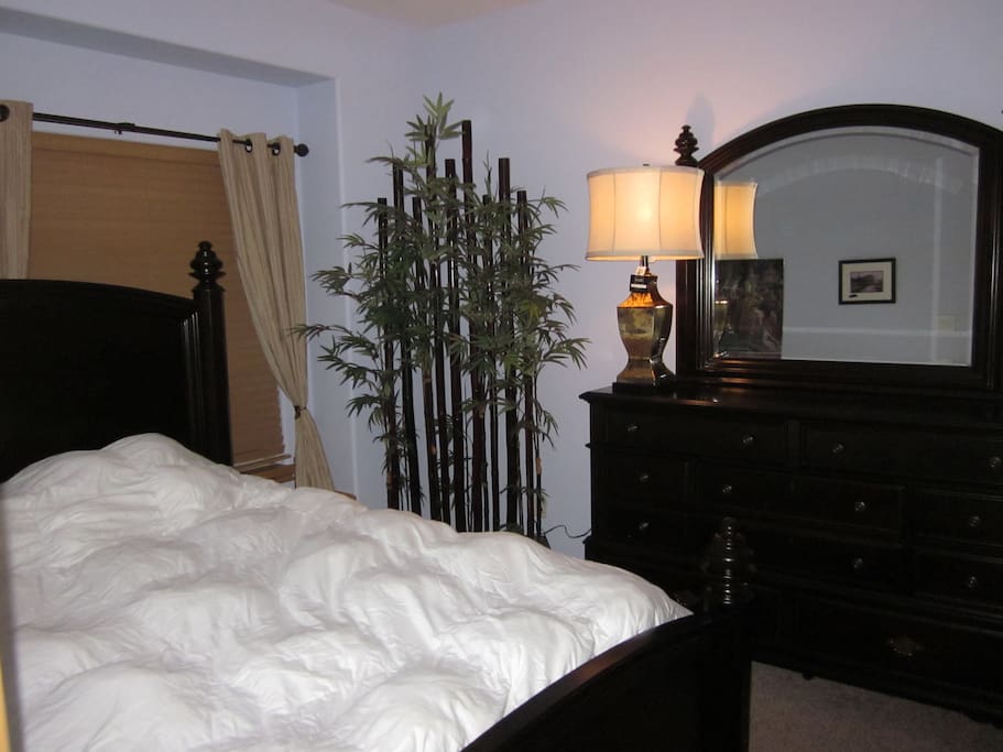 Feel like royalty with plush pillowtop queen bed in the bamboo room.