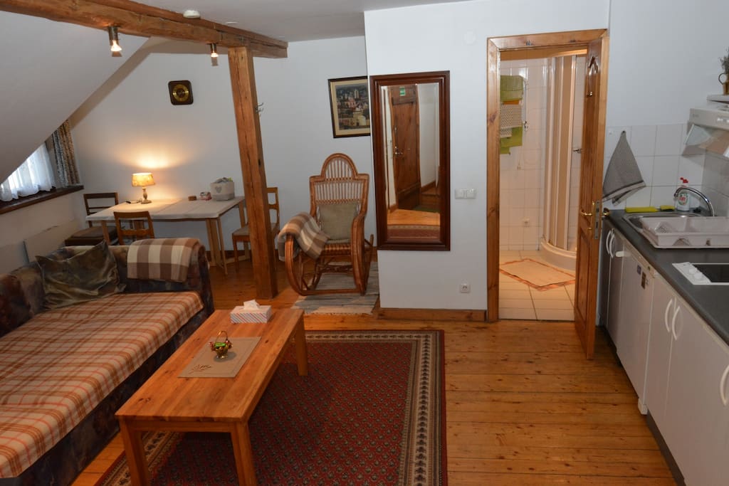 Main room: sofa, writing table, rocking chair, double window.