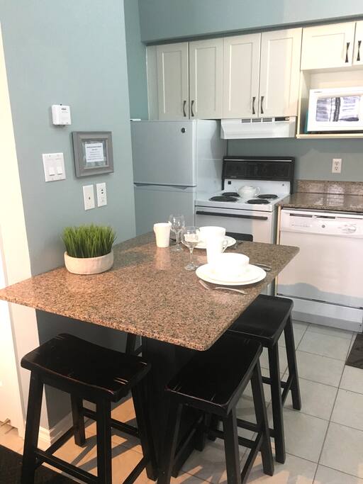 Whether you are ordering out or eating in, we have all the comforts of home with everything you could need in our kitchen.