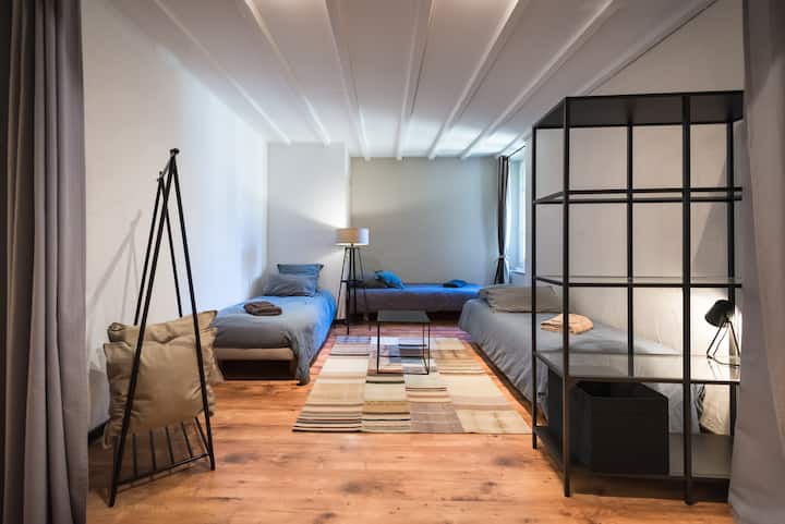 Პირველი სამადგილიანი მისაღები ოთახი /საძინებელი ხის იატაკით, კოჭებითა და დაუცველი კოჭებით.