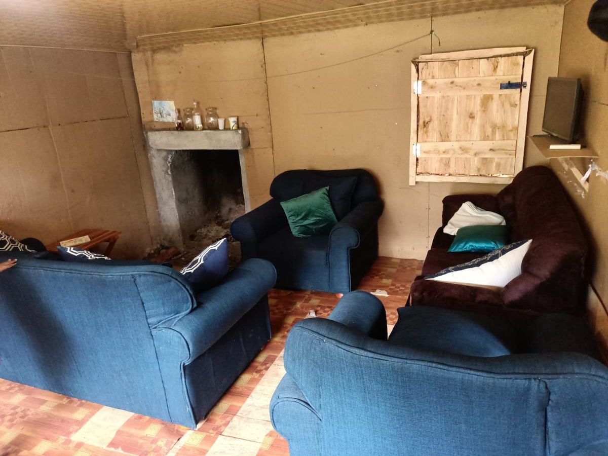 A cozy seating area is arranged with two blue armchairs and a brown sofa, offering comfort for relaxation. A fireplace is built into the wall, providing warmth. Light enters through a wooden window, which is accented by a few decorative cushions on the furniture.