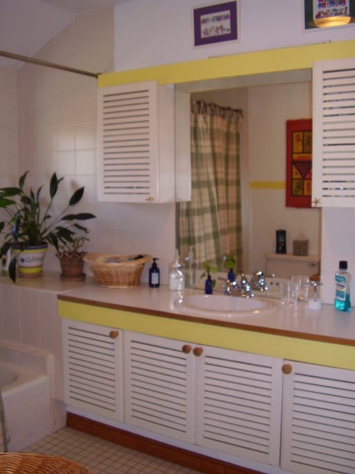 Bathroom with amenities and storage space.