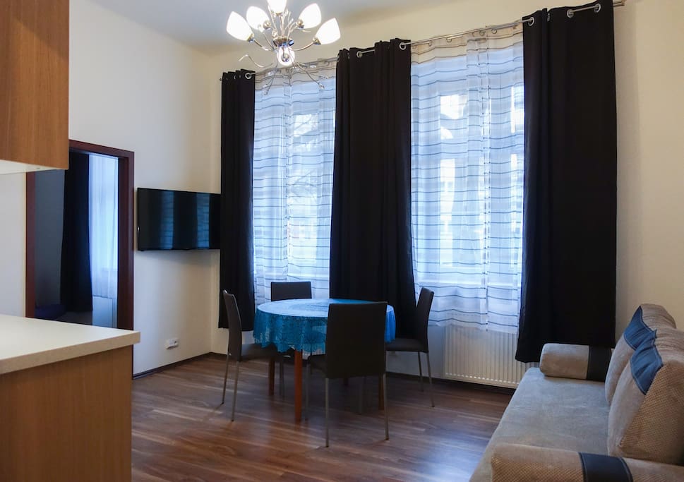 Living room with TV, dining table and sofa-bed.